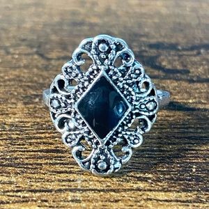 Boho Diamond Shaped Black Agate & Stainless Steel Women’s Ring Size 6